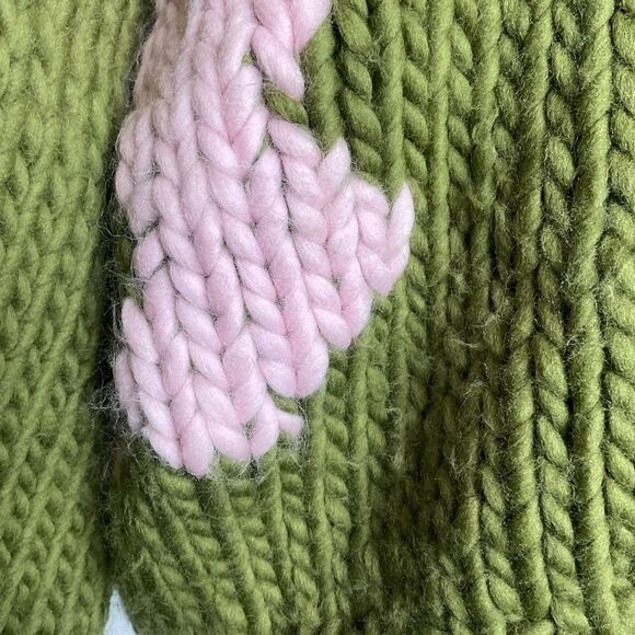 The Knitter. Green Pink Floral Chunky Knit Balloon Sleeve Mockneck Sweater - Picture 6 of 6